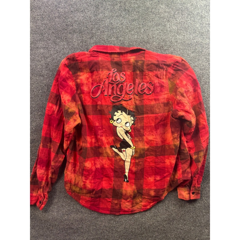 Betty Boop Flannel Shirt Women Large Red Tie Dye Los Angeles Graphic Plaid